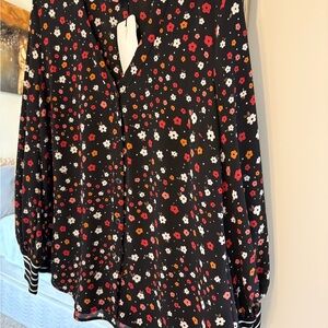 CAbi Black Floral Blouse with Red and White Accents